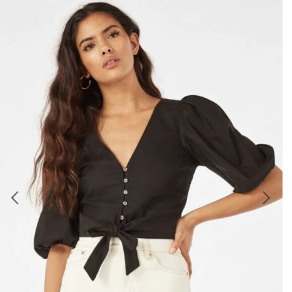 JustFab Puff Sleeve Tie Front Top Size M Crop Length Black Linen Blend V Neck - Picture 1 of 13
